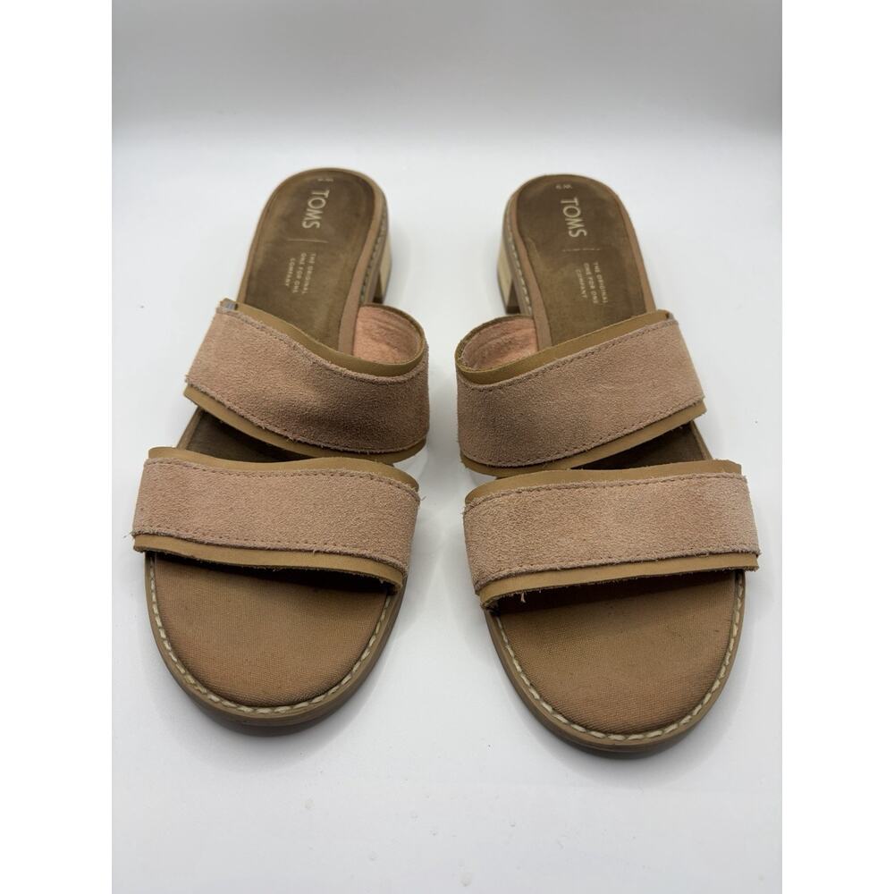TOMS Suede Slide Sandals Womens 9 Tan Double Strap Block Heel Casual Wood Heel - Picture 4 of 7
